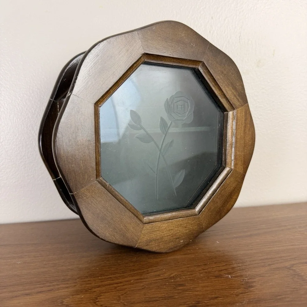 Vintage Wooden Jewelry Box Etched Glass Rose Octagon Vanity Cottage